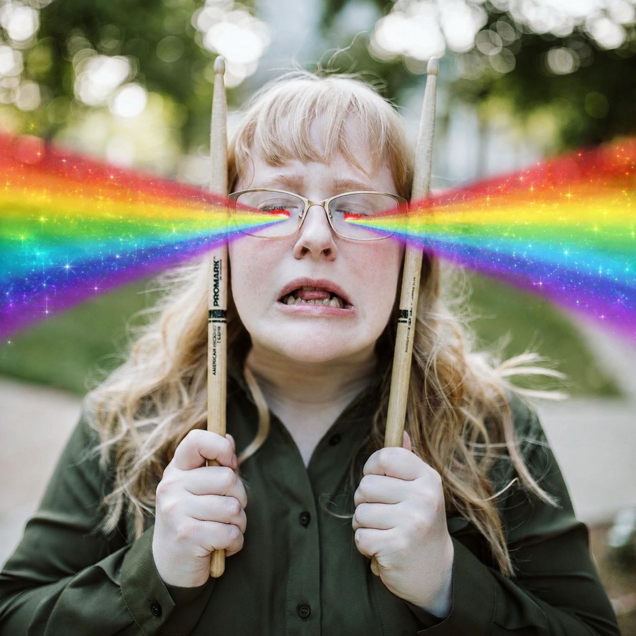 Rainbow beams shooting from a drummer's eyes